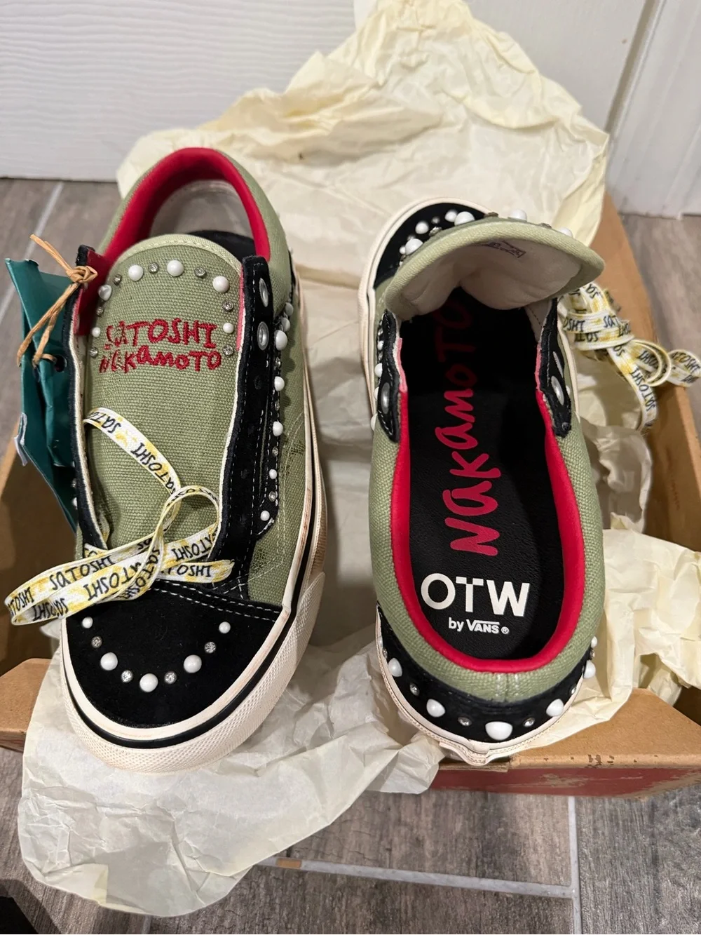 Vans OTW x Satoshi Nakamoto Olive and Black Pearl-Trim Slip-On Sneakers - Picture 1 of 9